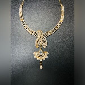 Bollywood Indian Wedding CZ Gold Tone Drop Pendant Necklace